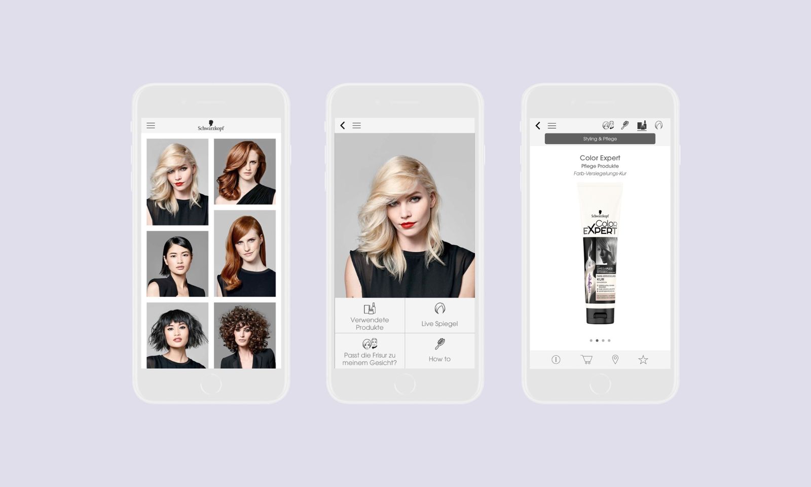 Drei Screens der Schwarzkopf-Frisuren-App: Galerie, Frisurdetail, Produkt