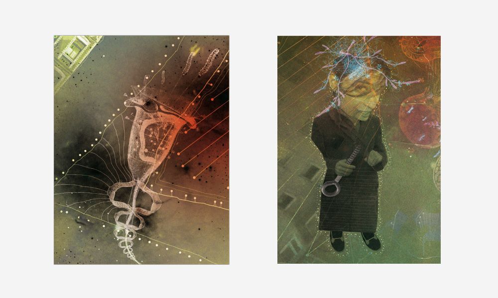 Zwei Collage-Illustrationen in Grün- und Rottönen