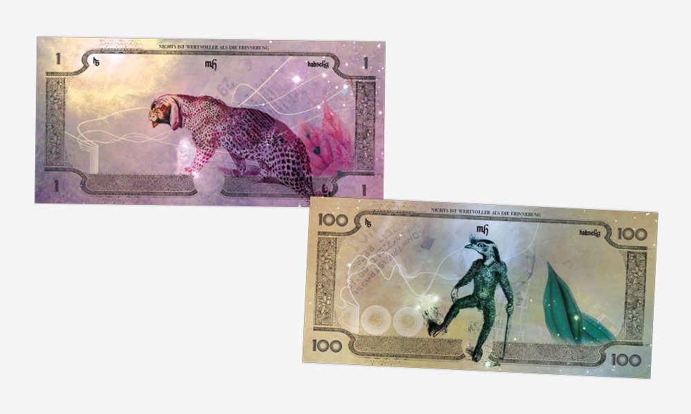 Zwei illustrierte Fantasie-Banknoten mit Tiermotiven