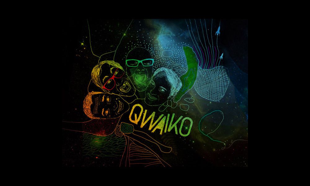 Bandillustration Qwaiko mit Neonlinien auf Schwarz
